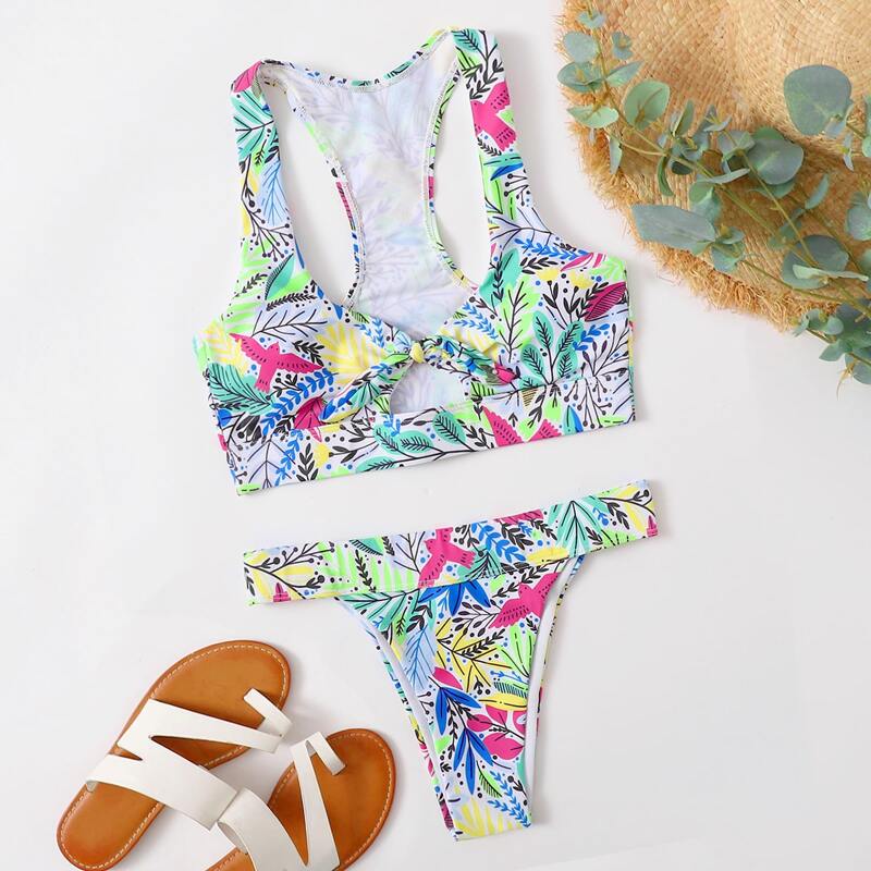 

Leaf Print Knot Tanga Bikini Swimsuit, Multicolor
