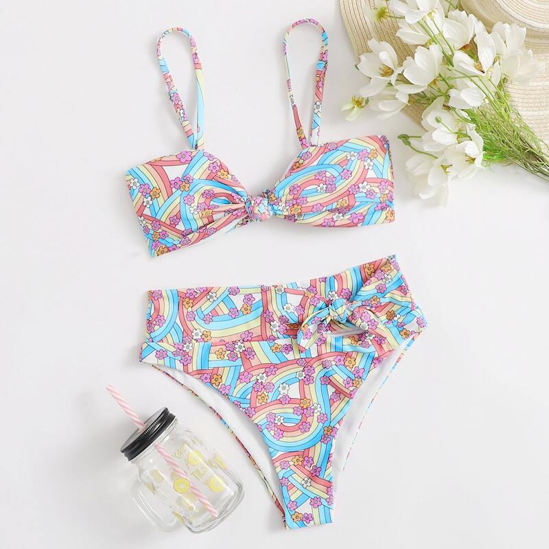 

Floral & Rainbow Stripe High Waist Bikini Swimsuit, Multicolor