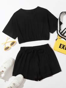 SHEIN Unity Bộ thời trang Thắt nút màu trơn màu đen Giải trí - màu đen - Xem 1