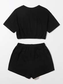 SHEIN Unity Bộ thời trang Thắt nút màu trơn màu đen Giải trí - màu đen - Xem 2