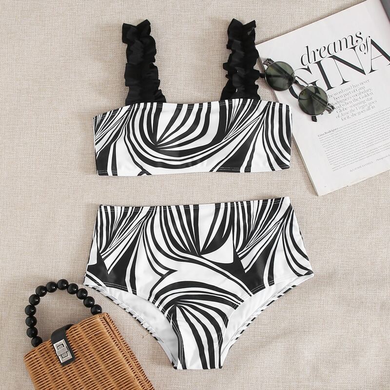 

Graphic Frill High Waist Bikini Swimsuit, Black and white