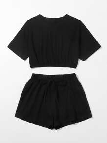 SHEIN Unity Bộ thời trang Thắt nút màu trơn màu đen Giải trí - màu đen - Xem 4