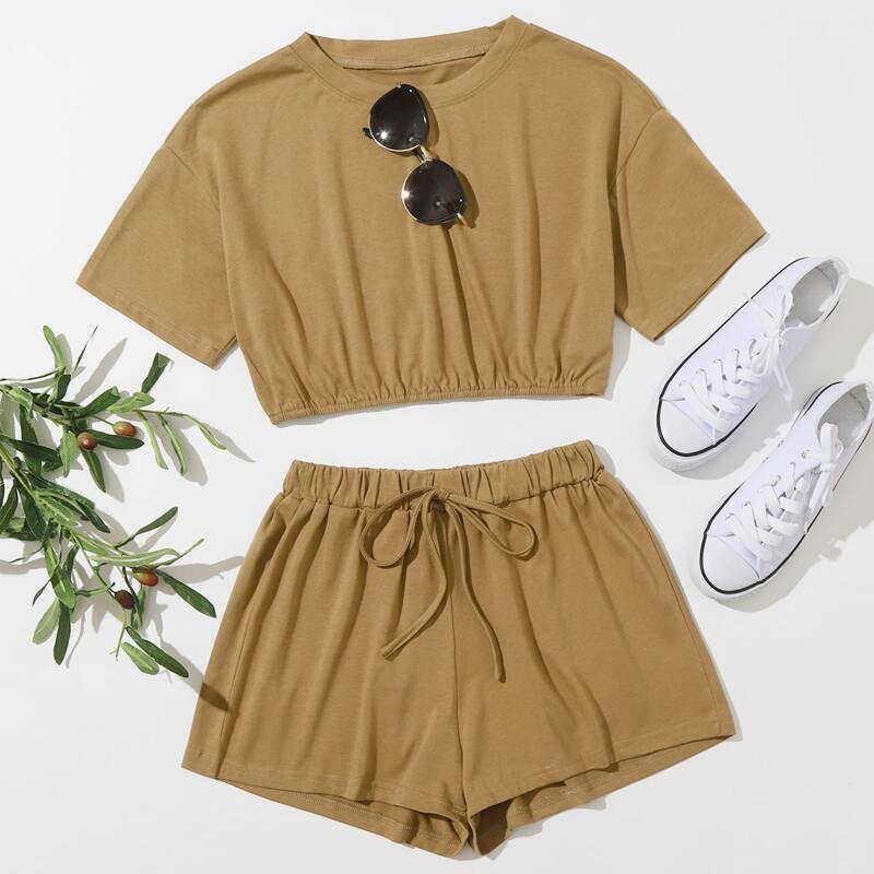

Solid Crop Top & Knot Front Shorts, Khaki