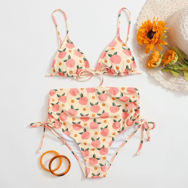 

Peach Print Drawstring High Waist Bikini Swimsuit, Multicolor