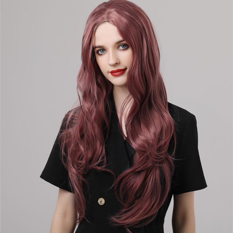 

1pc Natural Long Curly Wig, Burgundy