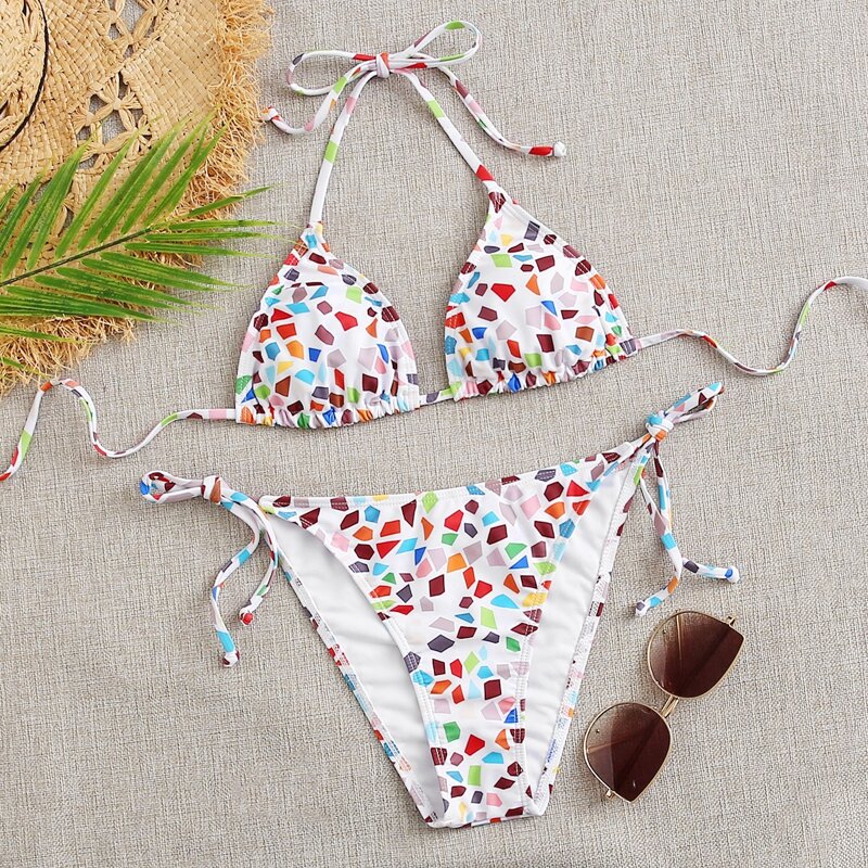 

Geometric Halter Tie Side Bikini Swimsuit, Multicolor