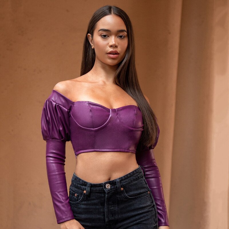 

Off Shoulder Leg-of-mutton Sleeve PU Leather Crop Top, Purple