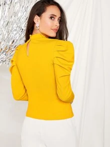 SHEIN Privé Neon Yellow Mock-Neck Puff Sleeve Top