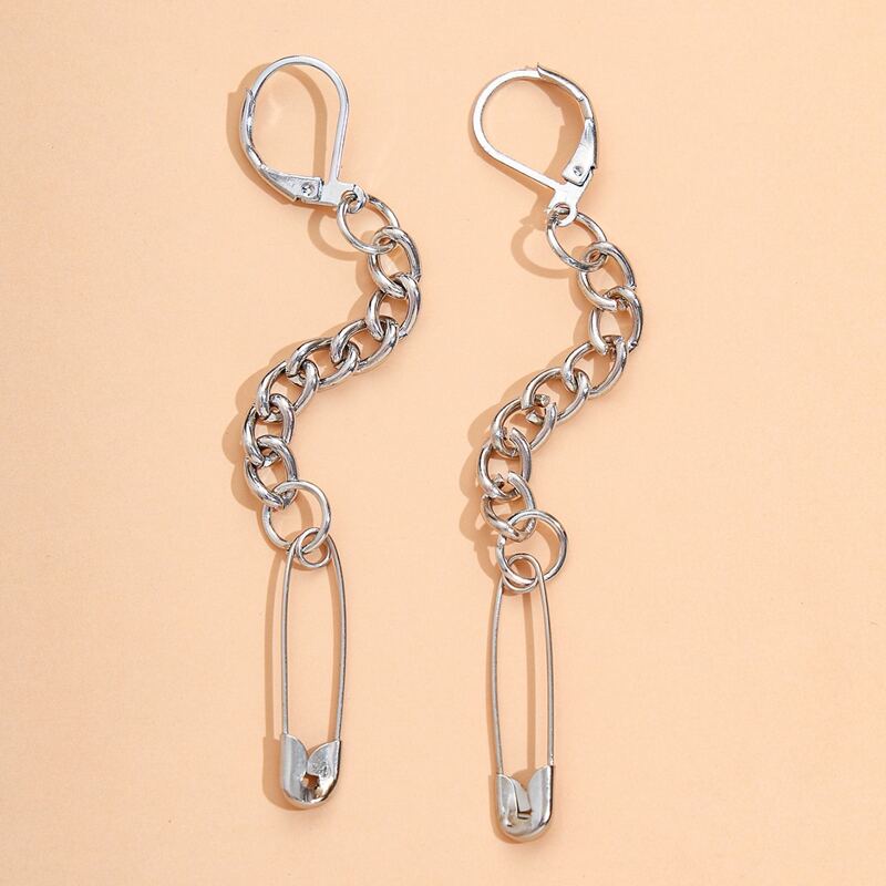 

Safety Pin Chain Earrings, Silver