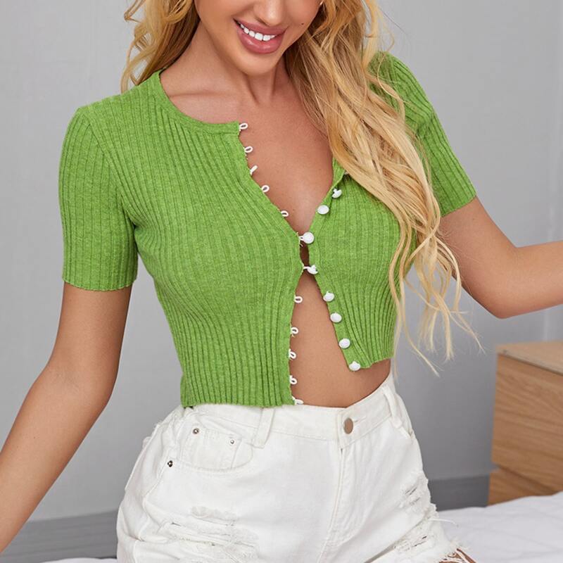 

Button Front Rib-knit Cardigan, Lime green