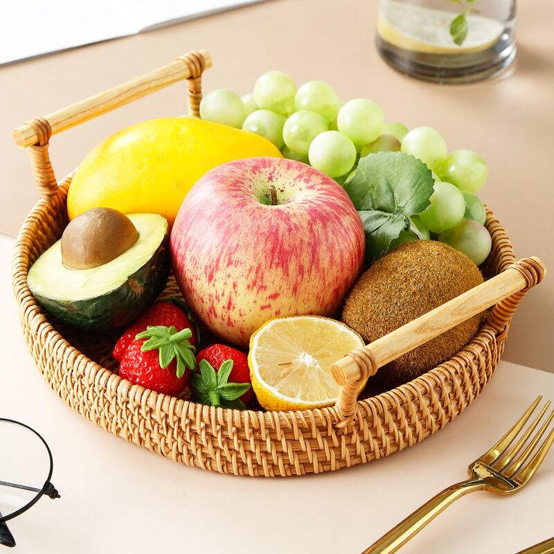 

1pc Double Handle Braided Wooden Fruit Basket, Brown