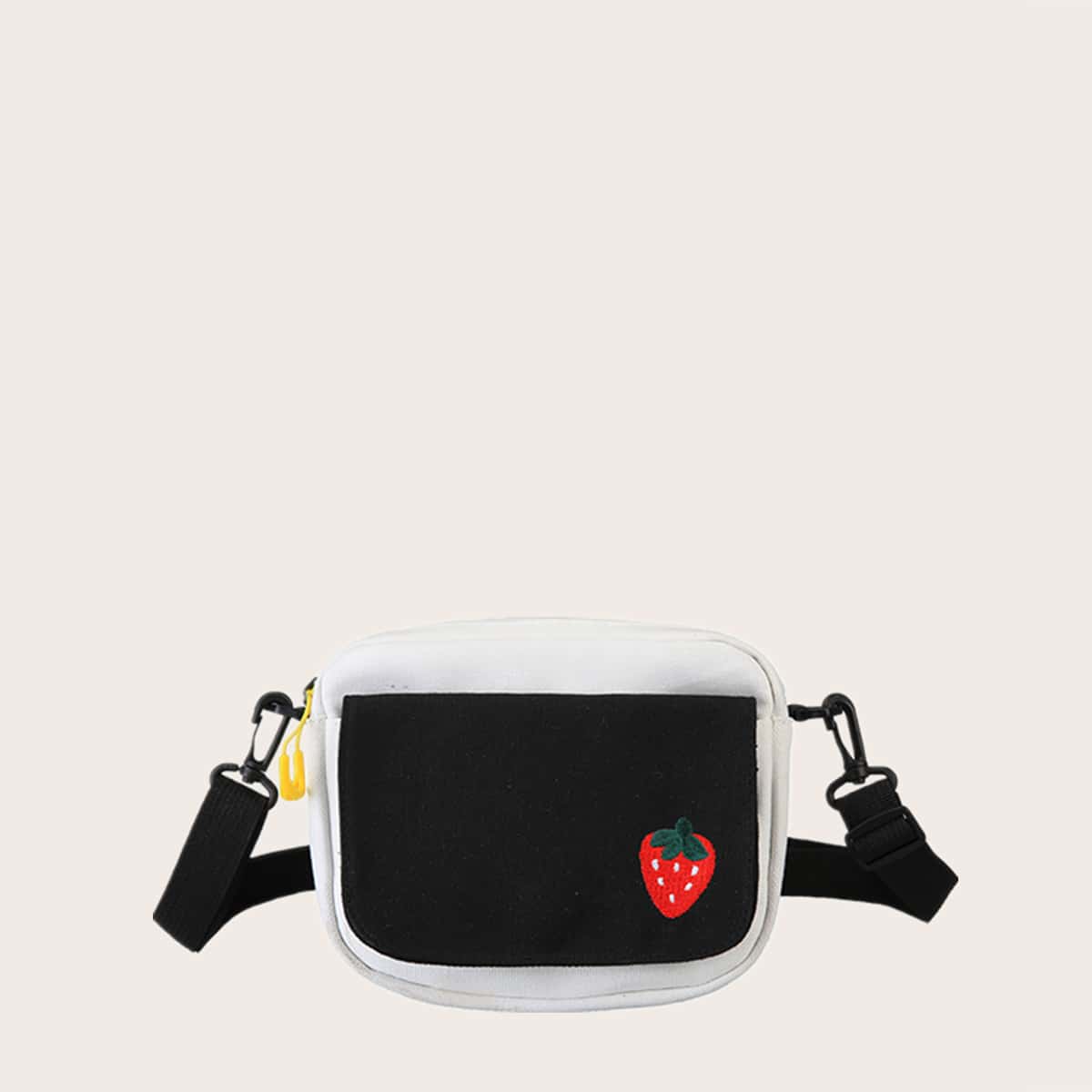 

Strawberry Embroidery Canvas Crossbody Bag, Black and white