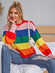 Drop Shoulder Rainbow Striped Jumper - Multicolor - View 1