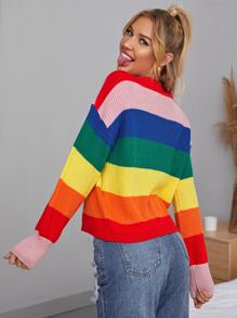 Drop Shoulder Rainbow Striped Jumper - Multicolor - View 2