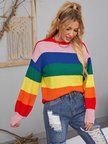 Drop Shoulder Rainbow Striped Jumper - Multicolor - View 3