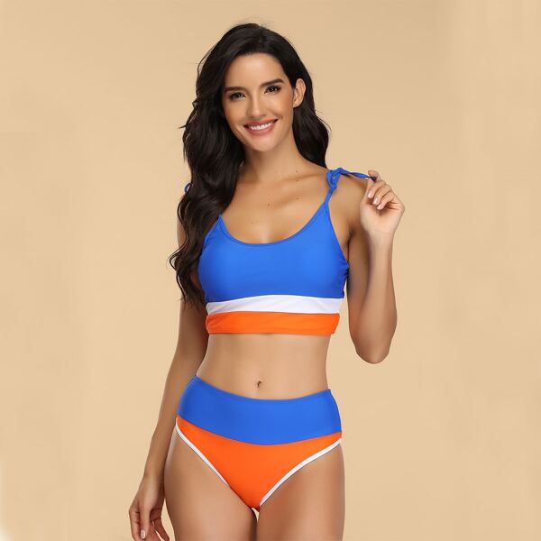 

Color Block Tie Shoulder High Waisted Bikini Swimsuit, Multicolor