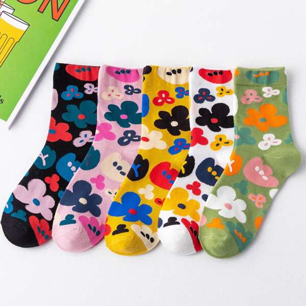 

5pairs Flower Pattern Socks, Multicolor