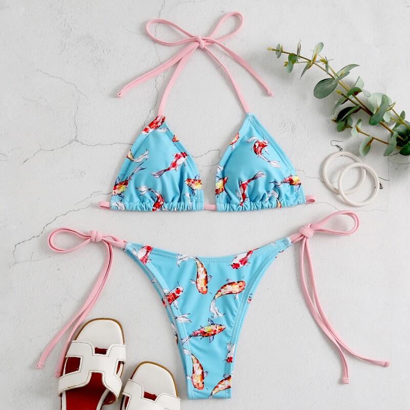 

Fish Print Triangle Halter Tie Side Bikini Swimsuit, Mint blue