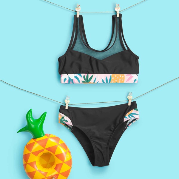 

Girls Plant Print Contrast Mesh Bikini Swimsuit, Black