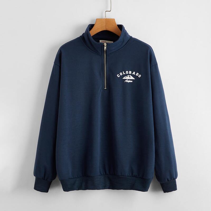 

Half Zipper Letter Graphic Sweatshirt, Navy blue