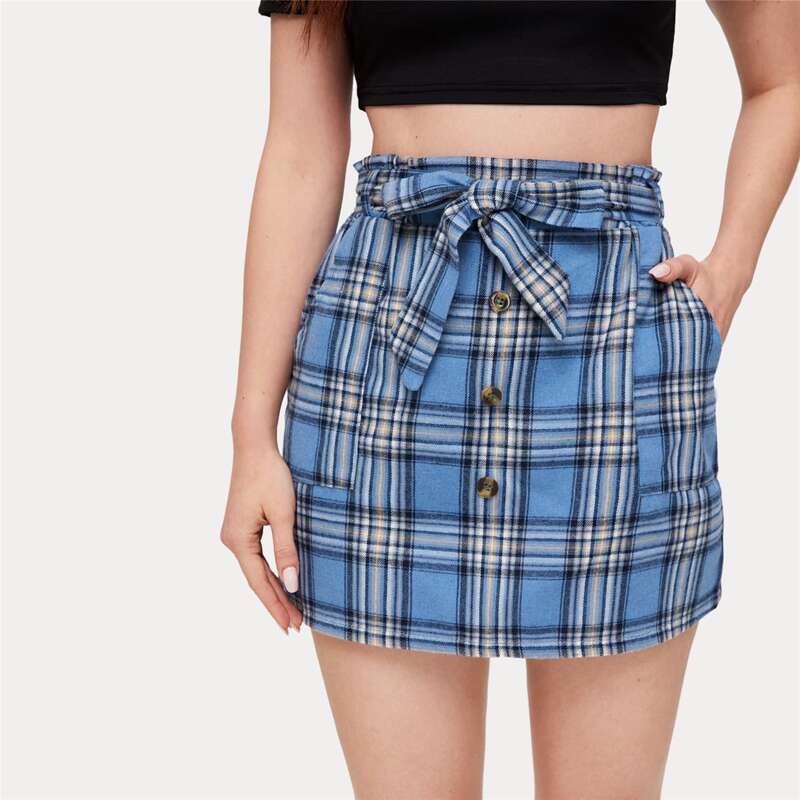 

Plaid Button Front Belted Skirt, Multicolor