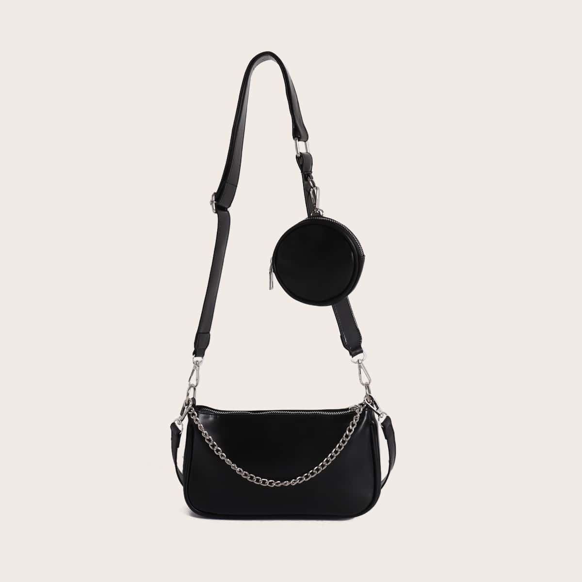 

Chain Decor Shoulder Bag With Coin Case, Black