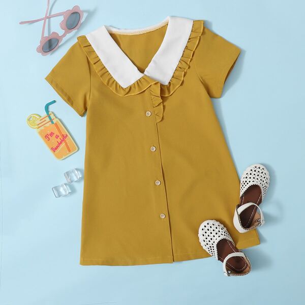 

Toddler Girls Contrast Collar Shirt Dress, Mustard yellow