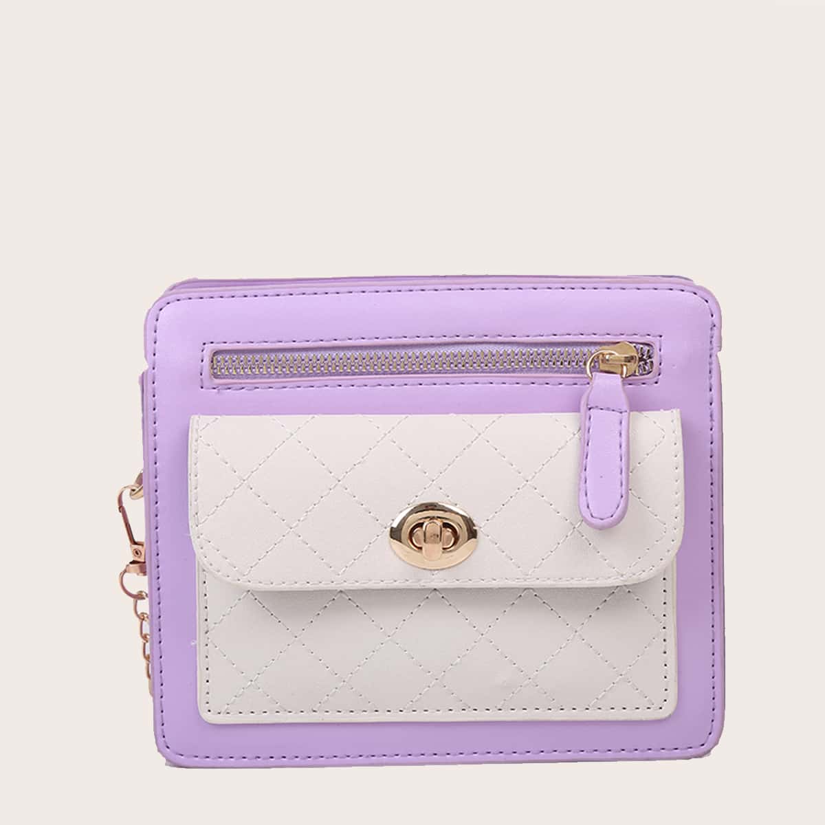 

Colorblock Zip Front Chain Bag, Purple