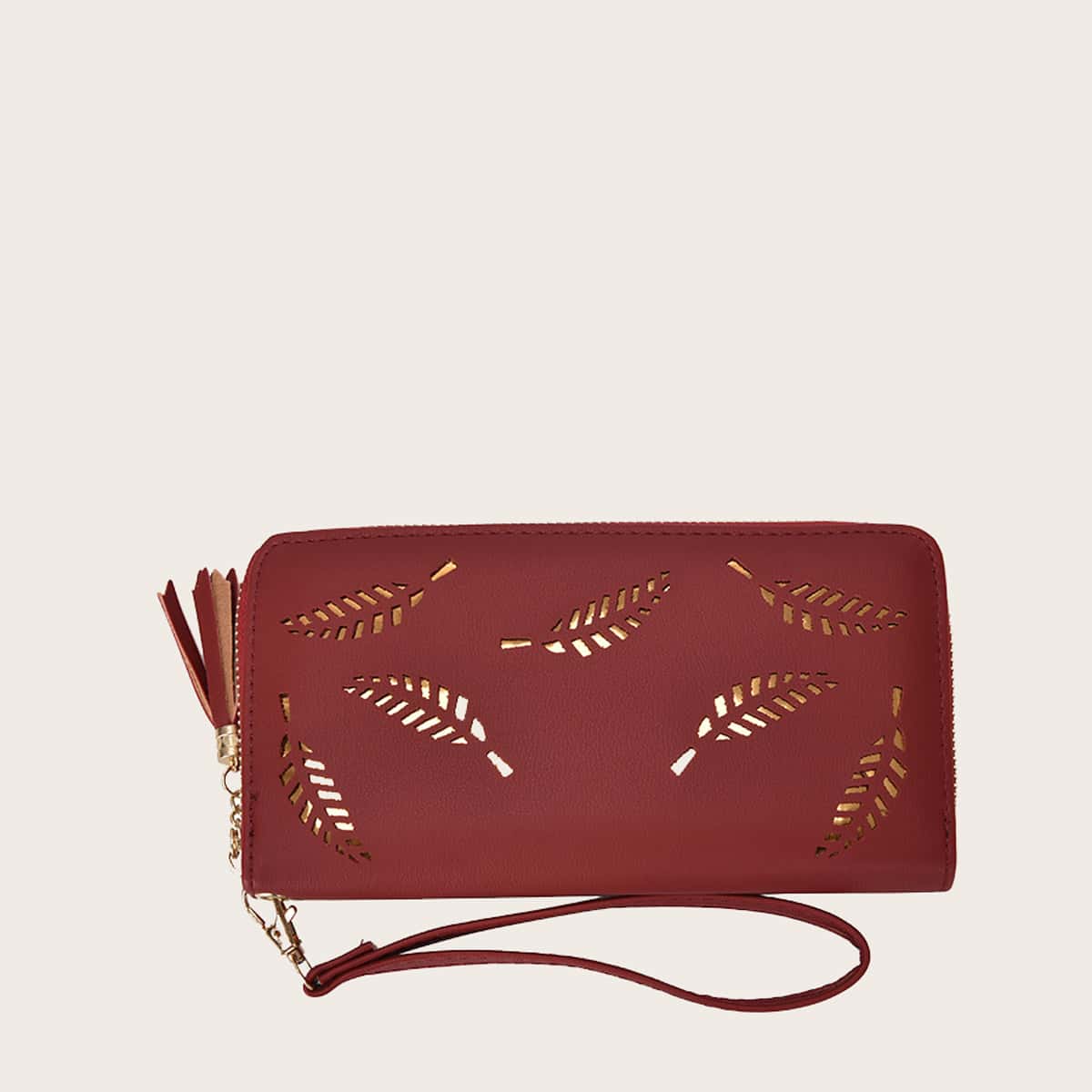 

Hollow Leaf Zip Around Purse, Burgundy