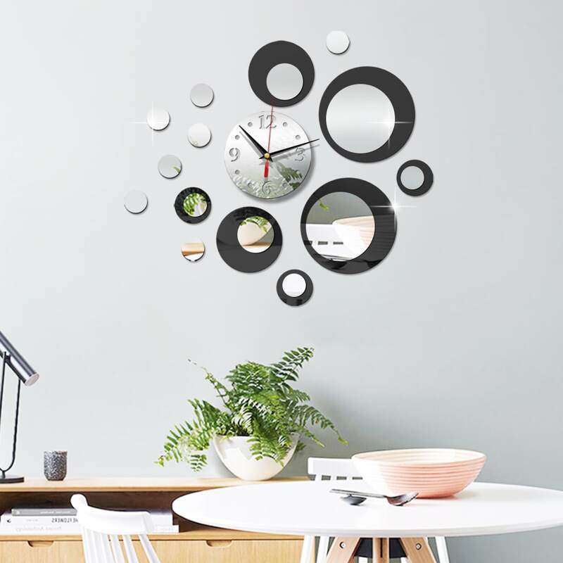

1set Circle Mirror Surface Wall Clock, Black