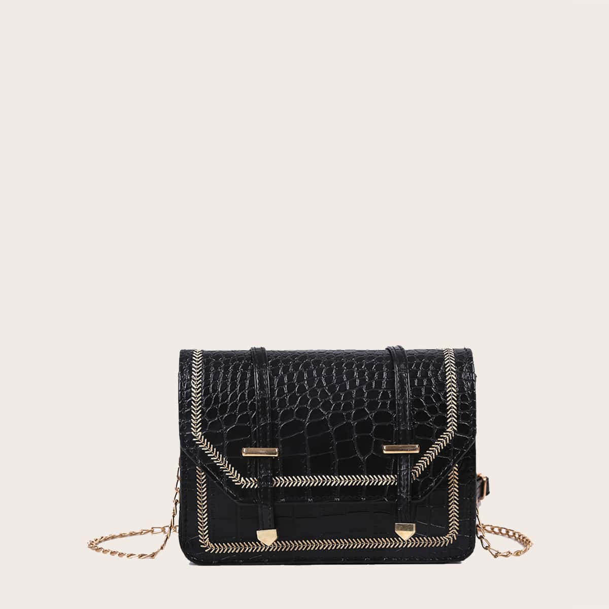 

Croc Embossed Buckle Flap Chain Bag, Black