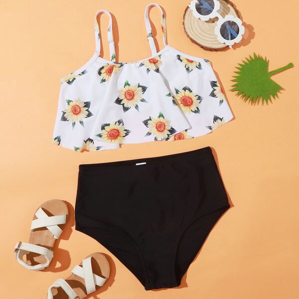 

Girls Sunflower Print Flounce Bikini Swimsuit, Multicolor
