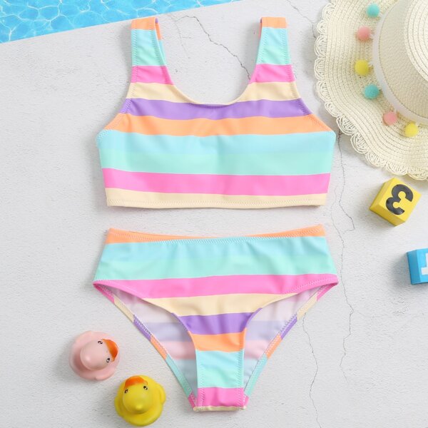 

Girls Colorful Stripe Bikini Swimsuit, Multicolor