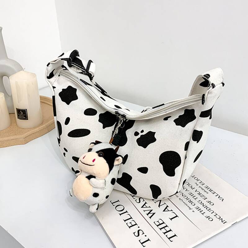 

Cow Print Canvas Crossbody Bag, Black and white