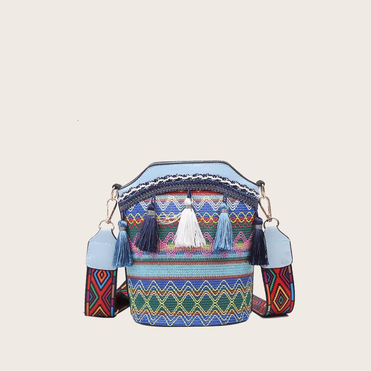 

Tassel Decor Woven Crossbody Bag, Blue