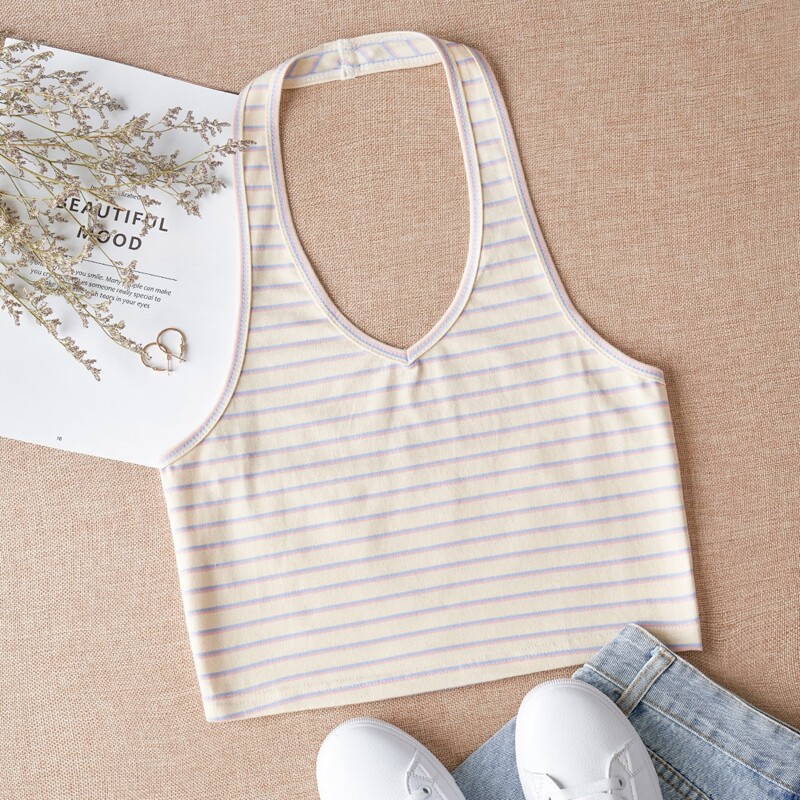 

Striped Crop Halter Top, Beige