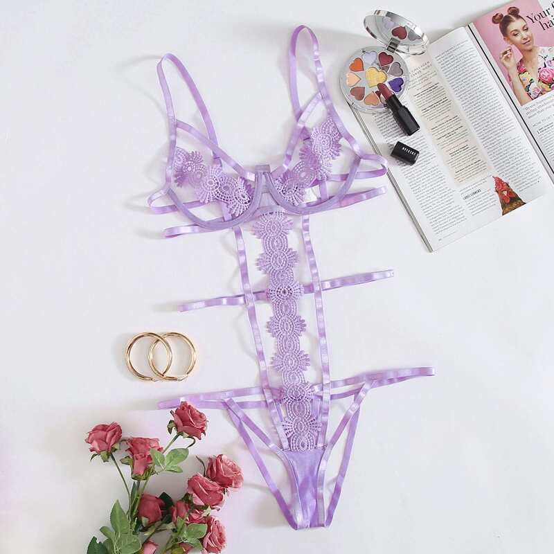 

Guipure Lace Underwire Harness Teddy Bodysuit, Lilac purple