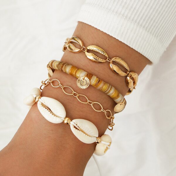 

4pcs Bead Shell Decor Bracelet, Multicolor