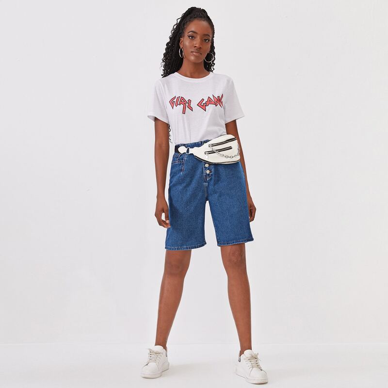 

Button Fly Bermuda Denim Shorts Without Bag, Medium wash