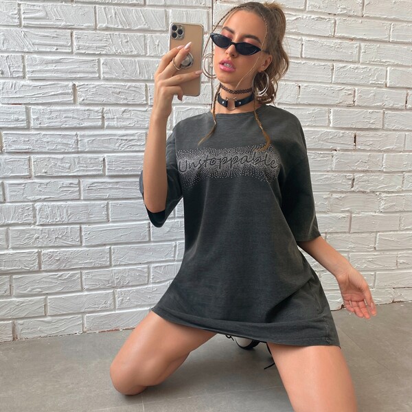 

Rhinestone Letter Graphic Tee Dress, Dark grey