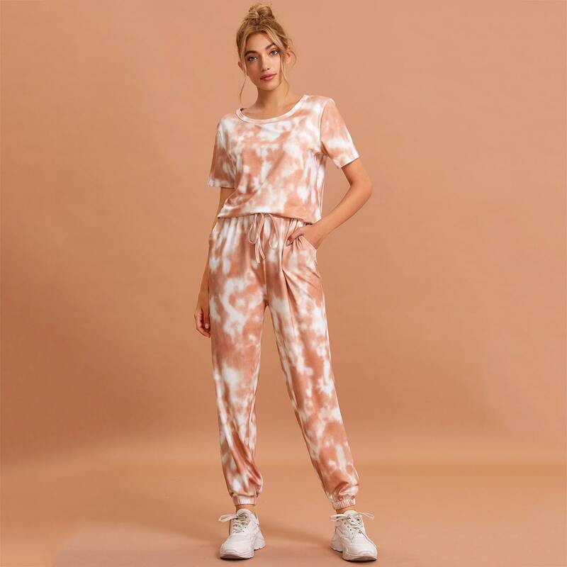 

Tie Dye Print Tee With Pants PJ Set, Multicolor