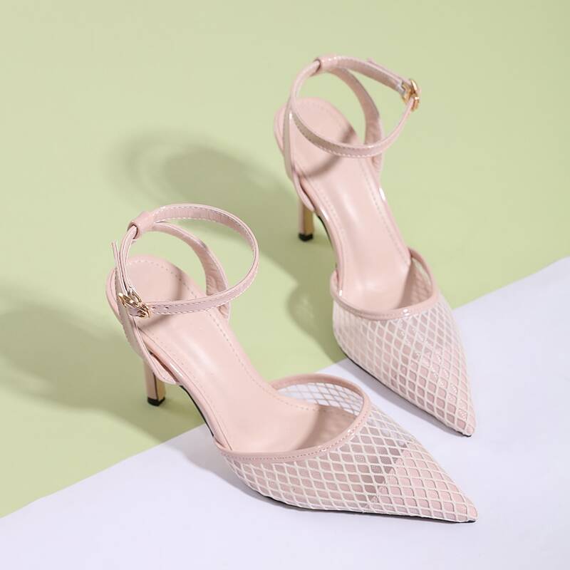 

Point Toe Mesh Panel Ankle Strap Stiletto Heels, Dusty pink