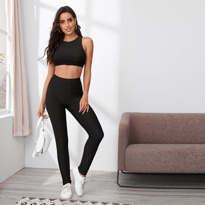 

Crop Tank Top & Leggings PJ Set, Black