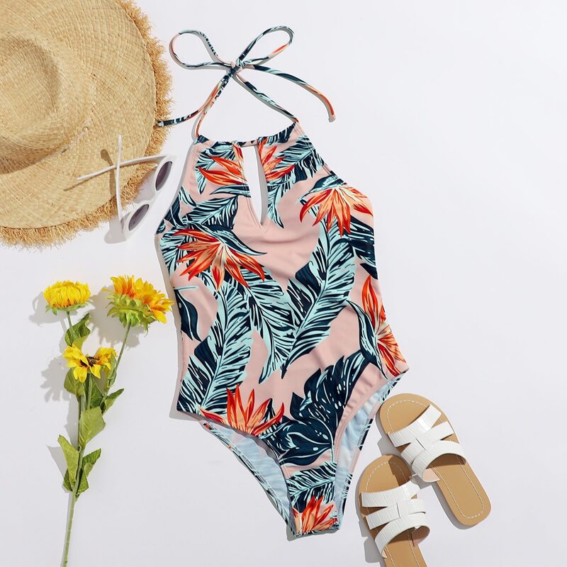 

Floral & Leaf Print Halter One Piece Swimsuit, Multicolor