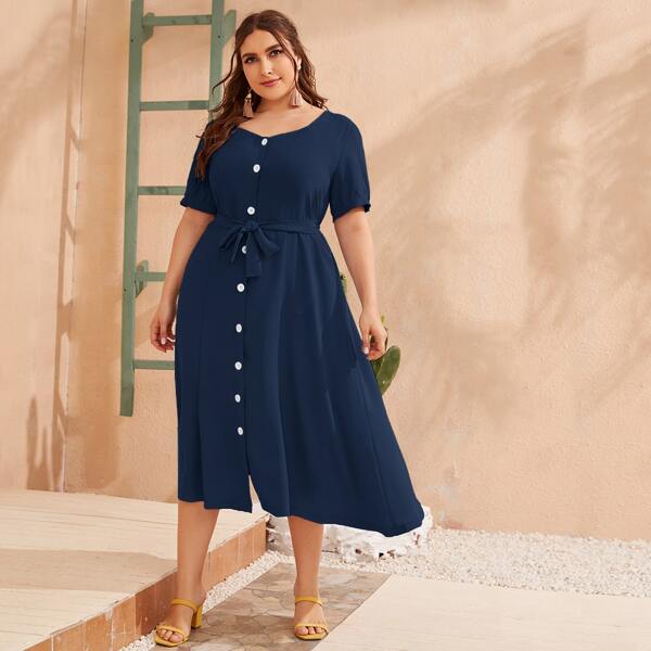 

Plus Button Through Belted A-line Dress, Navy blue