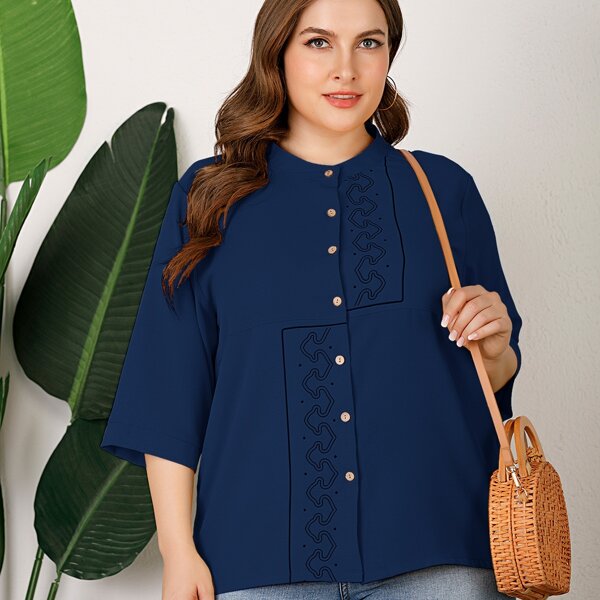 

Plus Graphic Print Button Through Blouse, Navy blue
