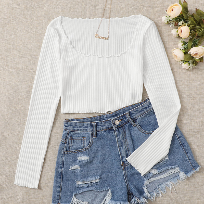

Lettuce Edge Rib-knit Crop Tee, White