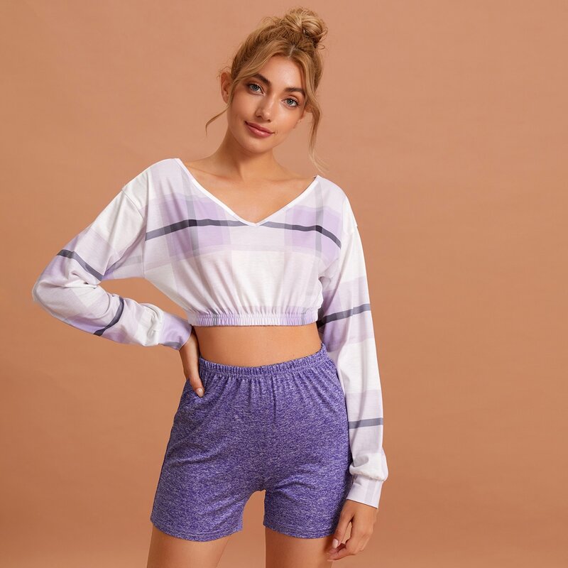

Plaid Print Top & Space Dye Shorts PJ Set, Multicolor