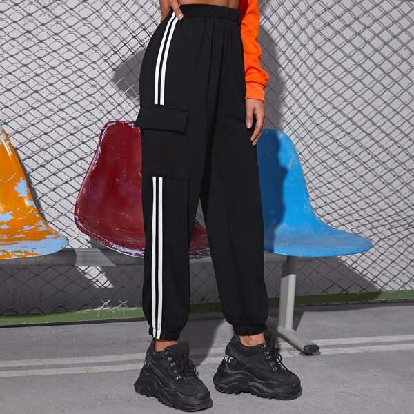 

Striped Side Flap Pocket Sweatpants, Black