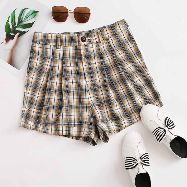 

Fold Pleated Detail Cuffed Tartan Shorts, Multicolor